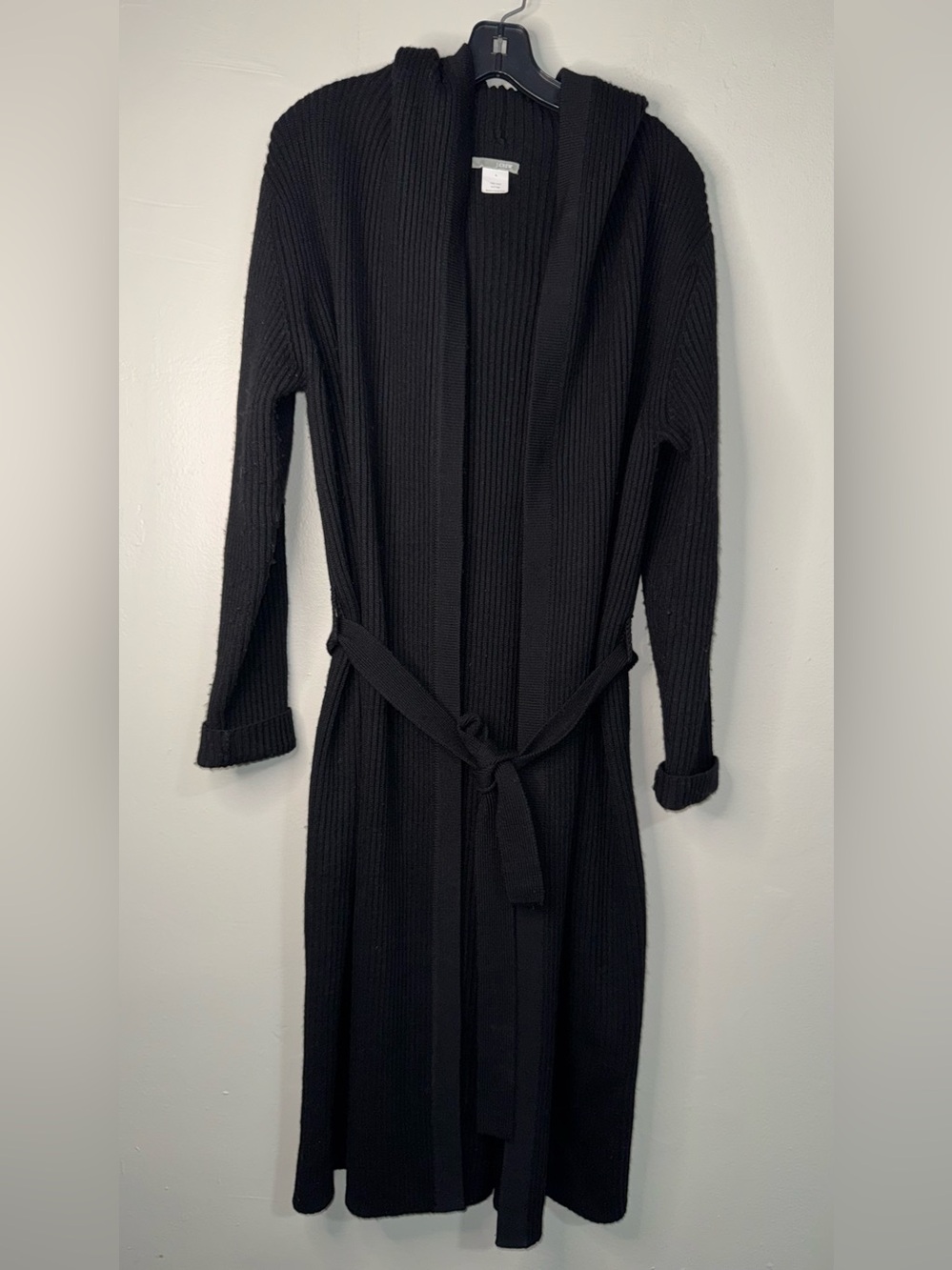 J. Crew 100% Black Ribbed Hooded Long Cardigan with Tie Belt